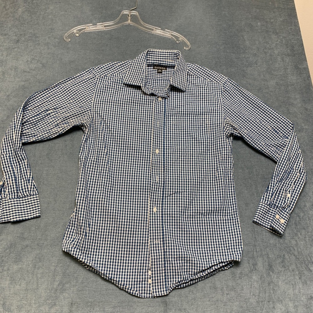 George Shirt Mens Small Blue White Gingham Check Long Sleeve Button Up Casual